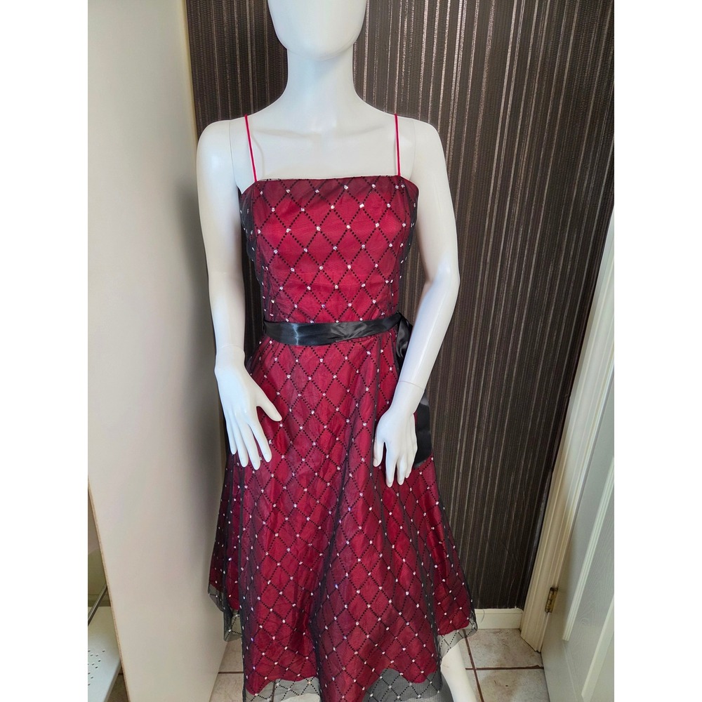 Y2K Jessica Howard Evenings Red Black Sequin Mesh Overlay Formal Dress Size 4